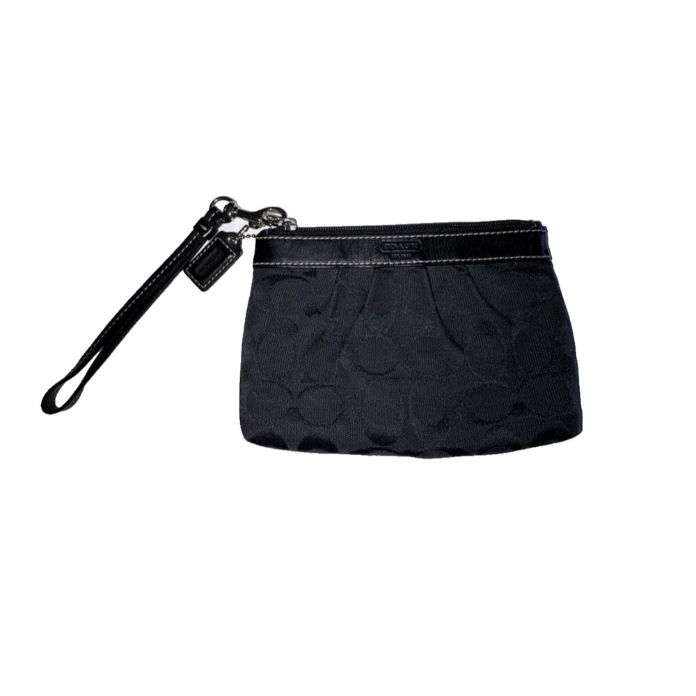 Vtg Coach Black Signature Wristlet Clutch Classic Jacquard Leather Charm
